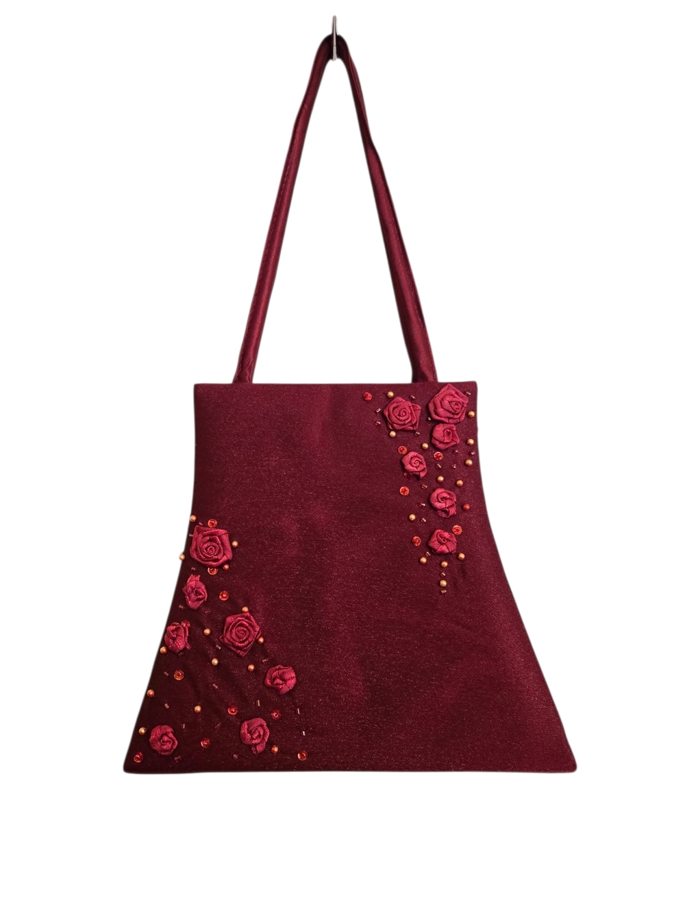 Wine Red Floral Applique Mini Handbag With Crossbody Strap